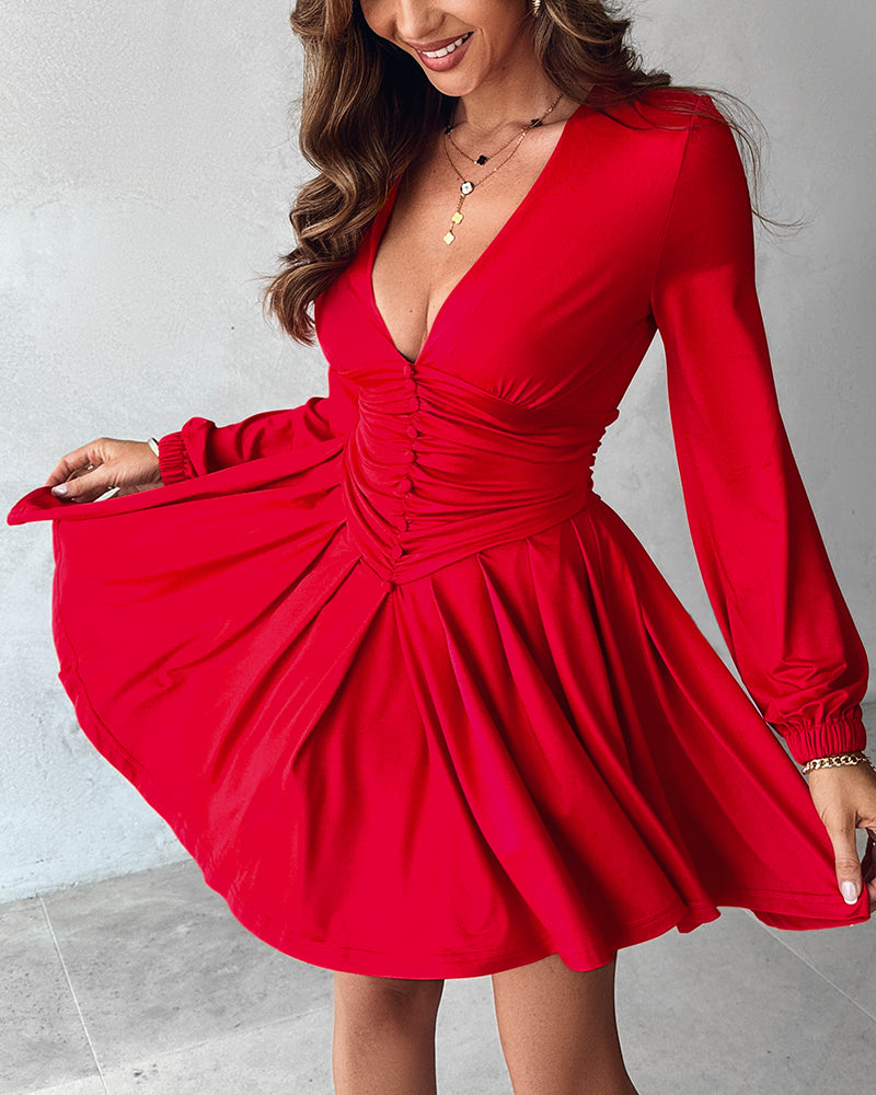 Deep V Neck Lantern Sleeve Ruched Pleated A Line Flowy Dress Single Breasted Decor Cinched Waist Party Dress - Image 3