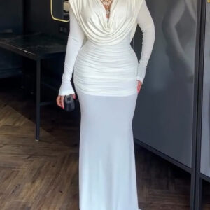 Cowl Neck Ruched Zipper Back Slim Fit Maxi Dress Casual Padded Shoulders Backless Evening Dress