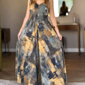 Abstract Oil Painting Print V-Neck Stretchy Thick Straps High Waist Backless Overalls Casual Shirred Waist Cinched Waist Wide Leg Jumpsuit