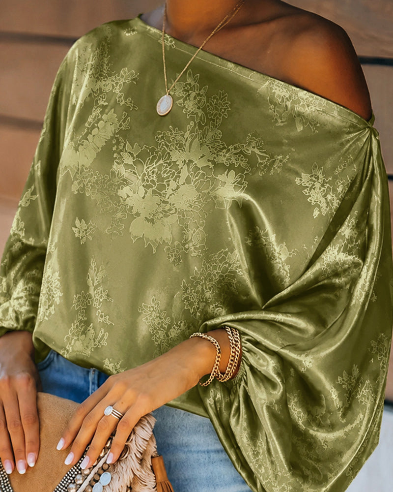 Women's Satin Jacquard Skew Neck Top Loose Vintage Lantern Sleeve Blouse - Image 4