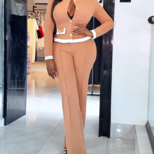 2 Pieces Outfit Contrast Paneled Single Breasted Flap Detail Crop Top and Elastic Waist Seam Front High Waist Pants Set Casual Commuting Set