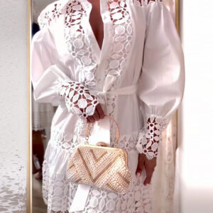 Guipure Lace Spliced Turn-down Collar Long Sleeve Button Front Shirt Dress Casual Tie Waist Ruffle Hem Dress