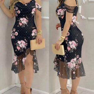 Women's Floral Mesh Slit Dress Rhinestone Pearls Decor Straps Cold Shoulder Ruffle Hem Dress Sexy Bodycon Party Dress