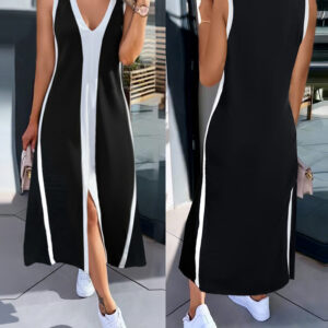 Colorblock Spliced Deep V-Neck Sleeveless Slit Front Dress Casual Loose Fit A Line Dress