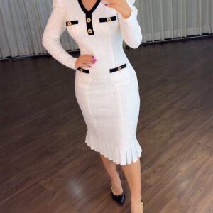 Button Decor Contrast Paneled V-Neck Puff Sleeve Zipper Back Commuting Dress Pockets Design Pleated Hem Tweed Dress