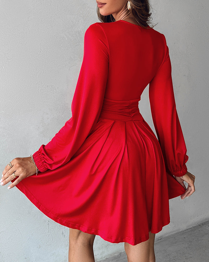 Deep V Neck Lantern Sleeve Ruched Pleated A Line Flowy Dress Single Breasted Decor Cinched Waist Party Dress - Image 4