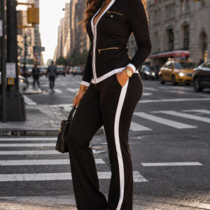Women's 2 Piece Set Two-Way Zipper Front Stand Collar Top and High Waist Straight Leg Pants Casual Tracksuit
