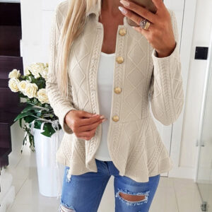 Women's Argyle Cable Knit Jacket Elegant Lapel Collar Gold Button Down Cardigan Ruffle Hem Long Sleeve Coat