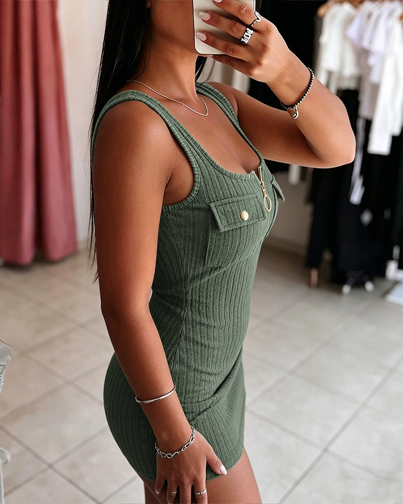 Women's Ribbed Knit Dress Thick Strap U-Neck Bodycon Mini Dress Half Zipper Party Dress - Image 5