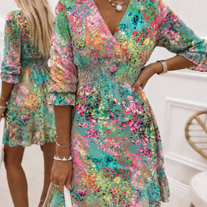 Women's Oil Painting Floral Chiffon Dress V Neck Three Quarters Sleeve Shirred High Waist Ruffle Hem A Line Dress