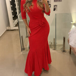 Women's 3D Floral Twist Mermaid Maxi Evening Gown Elegant Three Quarters Sleeve Bodycon Party Dress