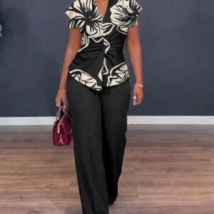Women's 2 Piece Outfit Floral Print Twist Front V Neck Top and High Waist Wide Leg Pants Set
