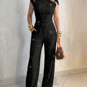 Women's Glitter Textured Two Piece Outfits Plisse Skew Neck Ruched Top and High Waisted Straight Leg Pants Set