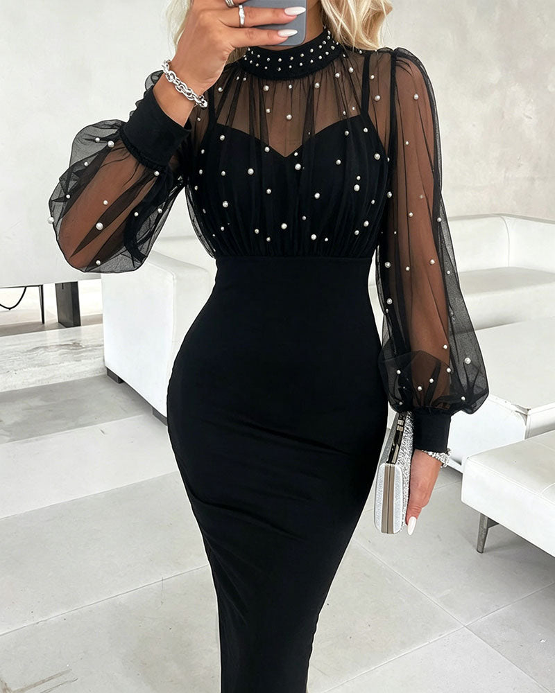 Mock Neck Sheer Mesh Spliced Beaded Bodycon Dress Zipper Back Slit Party Dress - Image 2