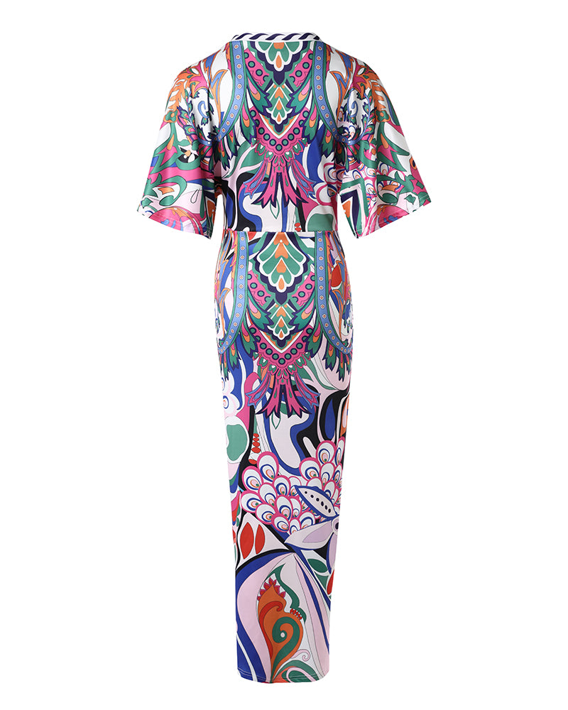 Women's Sexy Deep V Neck Abstract Print Maxi Dress Drawstring Ruched Front Slit Half Sleeve Bodycon Dress - Image 8