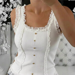 Contrast Lace Sleeveless Square Neck Crop Tank Casual Frill Hem Metal Button Decor Ribbed Knit Top