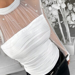 Pearls Decor Mock Neck Sheer Mesh Spliced Ruched Tee Hollow-out Back Slim Fit Textured Top
