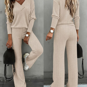 2 Pieces Outfit Button Decor V-Neck Long Sleeve Top and Elastic Waist Straight Leg Pants Set Casual Ribbed Set