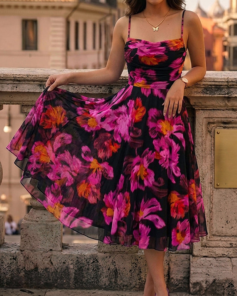 Women's Floral Print Cami Midi Dress Sexy Ruched Mesh A Line Sundress Elegant Spaghetti Strap Party Dress - Image 4