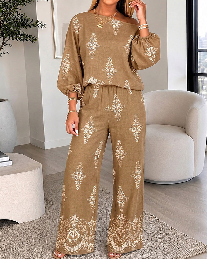 Women's 2 Piece Vintage Print Bohemian Outfit Skew Neck Lantern Sleeve Top and High Waisted Pants Set Casual Vacation Set - Image 4