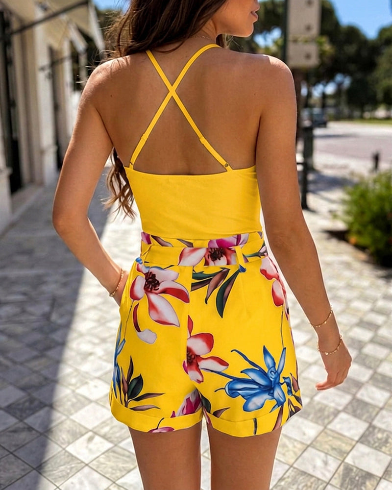 Women's Two Piece Shorts Set Hollow Out Halter Camisole Top and Floral High Waisted Cuffed Shorts with Belt - Image 2