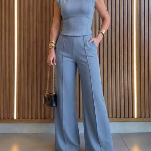 2 Pieces Outfit O-neck Sleeveless Padded Shoulders Cinched Waist Crop Top and Elastic Waist Seam Front Wide Leg Pants Set