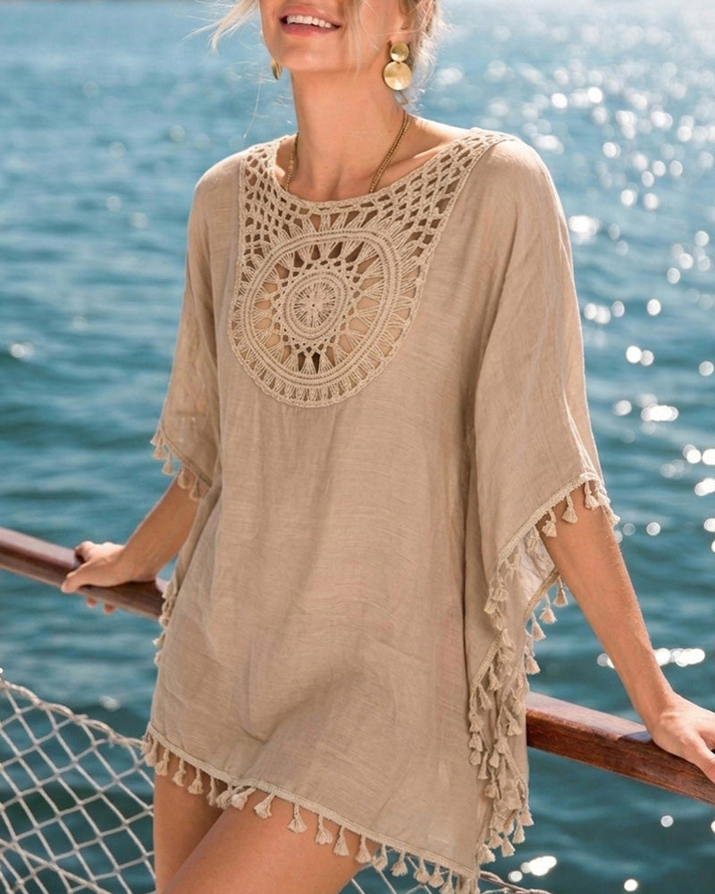 Women's Front & Back Reversible Beach Cover Up Crochet Lace Hollow Out Spliced Tassel Vacation Caftan Dress - Image 6
