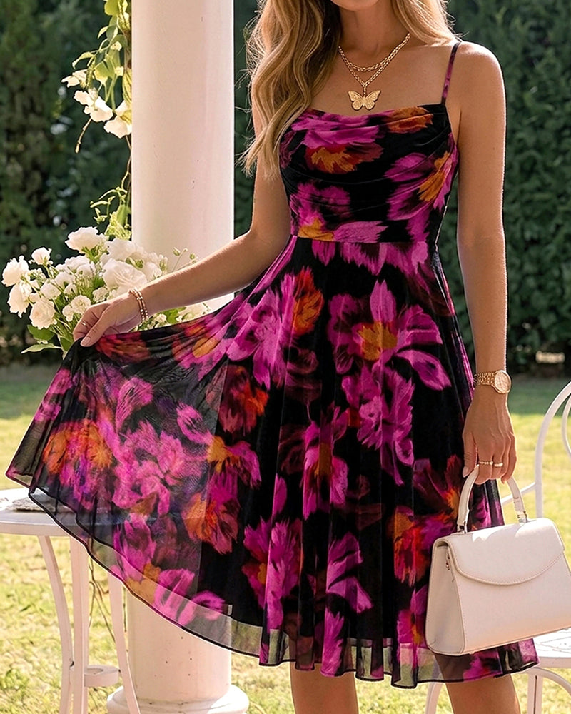 Women's Floral Print Cami Midi Dress Sexy Ruched Mesh A Line Sundress Elegant Spaghetti Strap Party Dress - Image 5