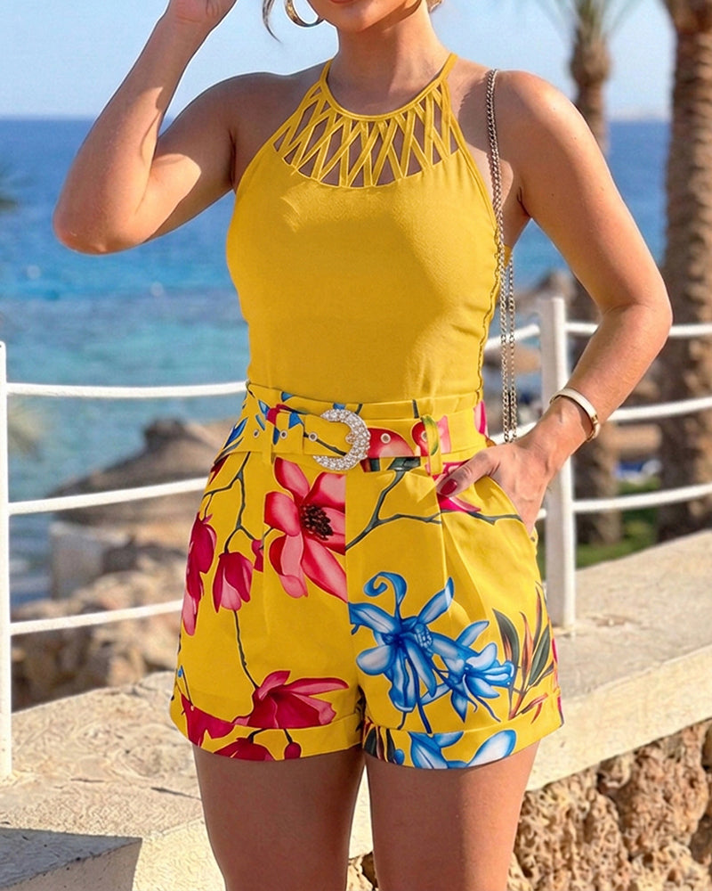 Women's Two Piece Shorts Set Hollow Out Halter Camisole Top and Floral High Waisted Cuffed Shorts with Belt - Image 6