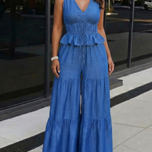 2 Pieces Outfit Deep V-Neck Sleeveless Tie Front Cinched Waist Top and Elastic Waist Wide Leg Pants Set Casual Ruffle Hem Set