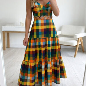 Women's Colorblock Plaid Hollow-out Maxi Dress V Neck Backless Ruffle Cami Dress Casual Shirred Beach Sundress