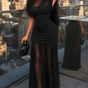Mock Neck Sleeveless Sheer Mesh Spliced Maxi Dress Elegant Cinched Waist Zipper Side Ruched Evening Dress