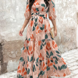 Plants Print V-Neck Half Sleeve Shirred Back Maxi Dress Casual Button Decor Ruched Ruffle Hem Vacation Dress