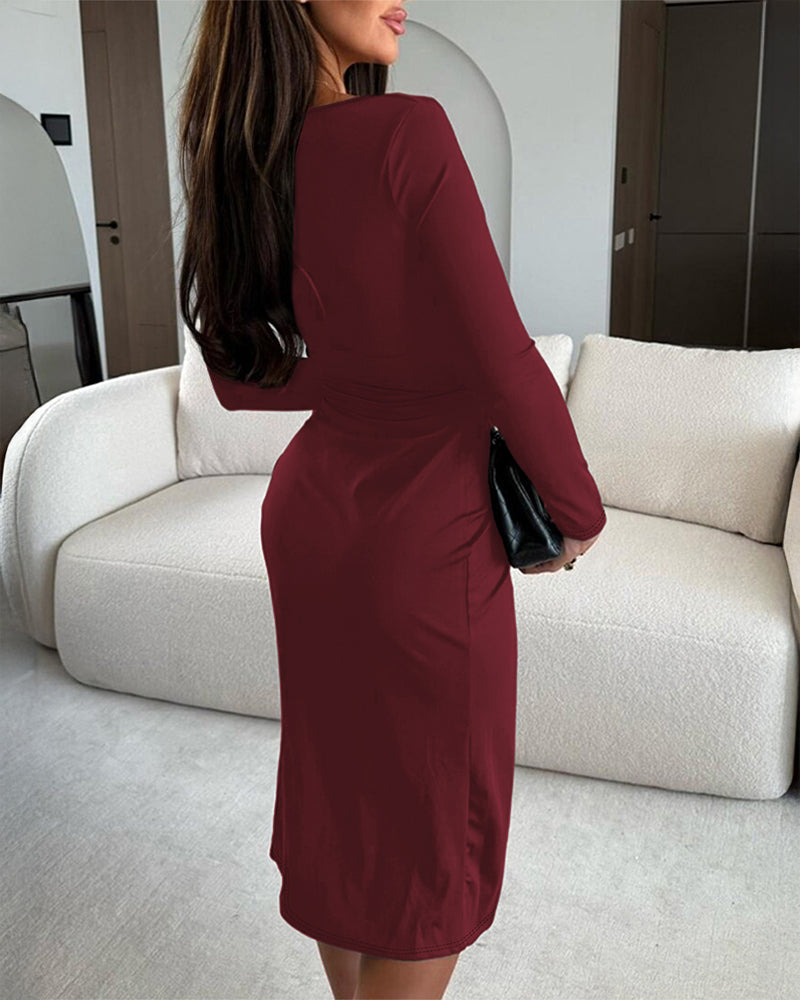 Long Sleeve Ruched Waist Metal Button Decor Bodycon Dress Casual Slit Slim Fit Midi Dress - Image 11