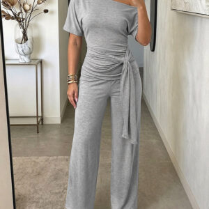 Women's Skew Neck 2 Piece Outfits Ruched Tie Waist Short Sleeve Top and High Waisted Wide Leg Pants Lounge Set