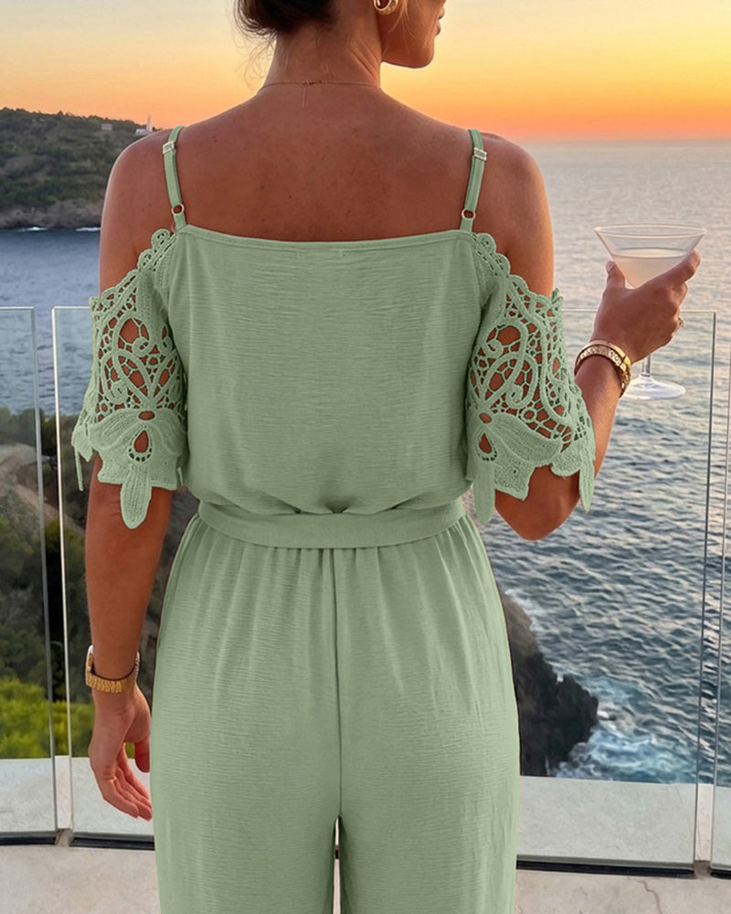 Women's Cold Shoulder Jumpsuit Gold Chain Lace Patchwork Overalls Tapered Leg Jumpsuits with Pockets & Belt - Image 15
