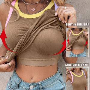 Women's Contrast Binding Tank Top Ribbed Knit Sleeveless Scoop Neck Slim Fit Camisole Top with Built-in Bra